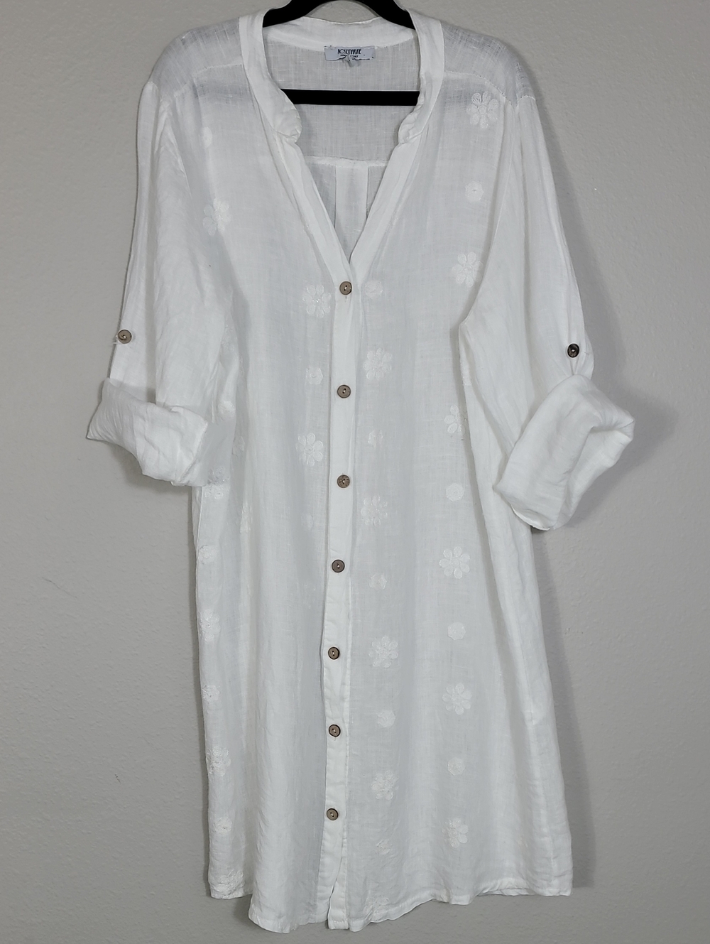 Rosemarine Linen Embroidered Shirt Dress Size S Button Up Italy White Roll Tab